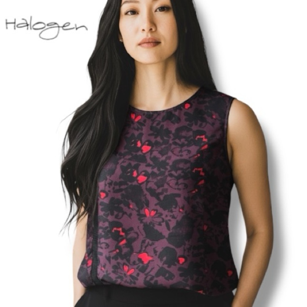 Halogen Women’s Sleeveless Ribbon Trim Woven Plum Pattern Printed Top | Size L